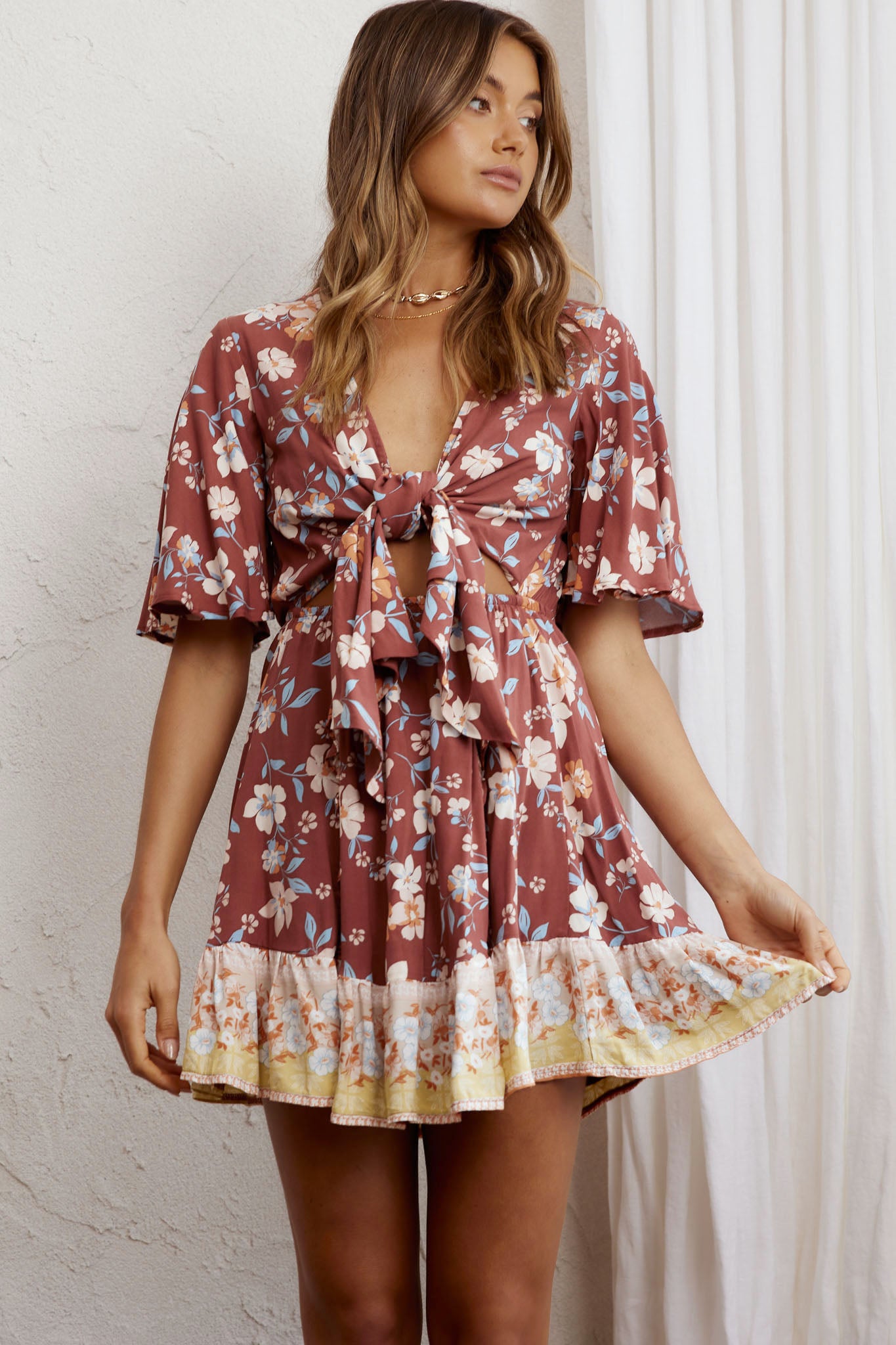 Suva Tie-Knot Bust A-Line Dress Floral Chocolate-Maymioy