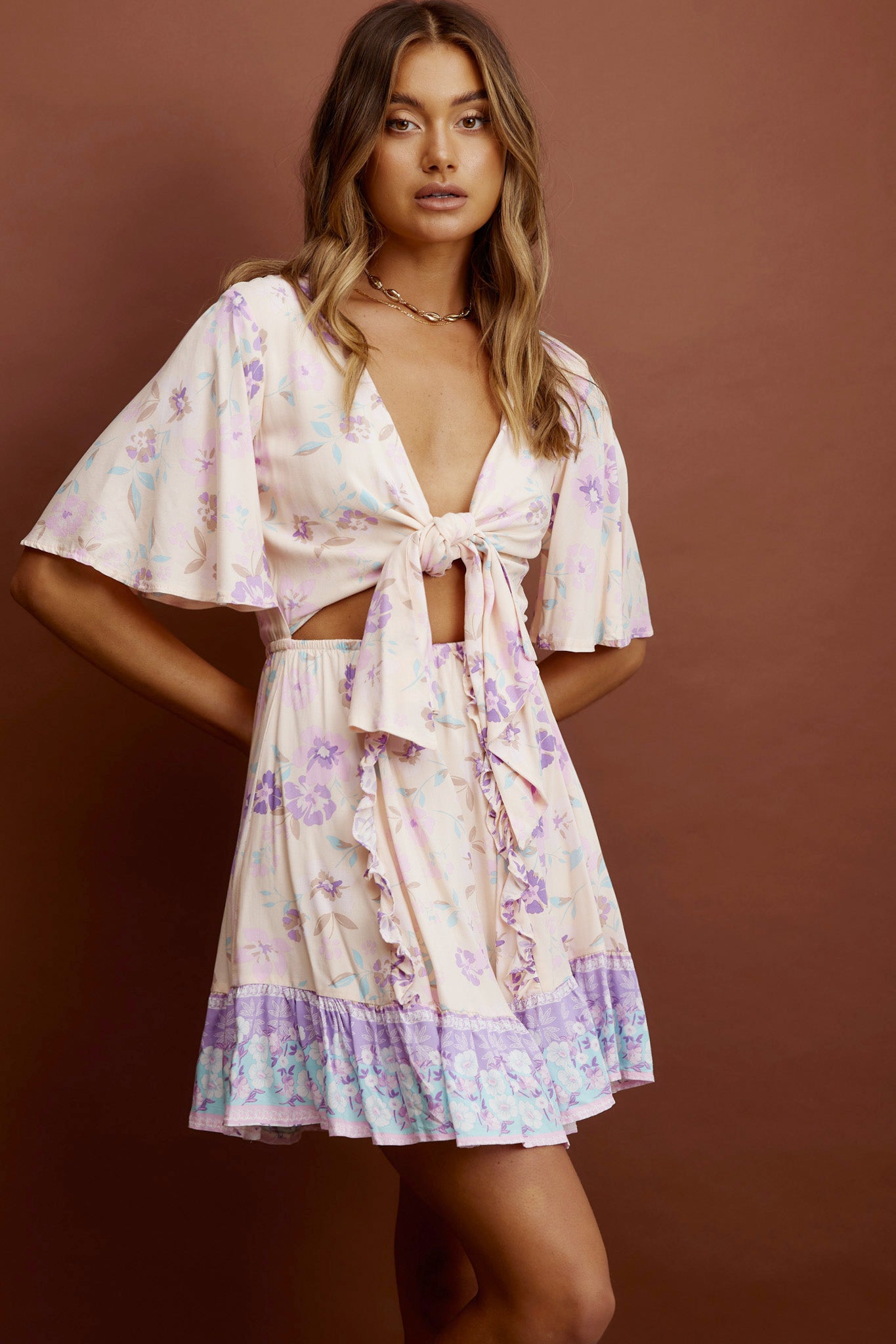 Suva Tie-Knot Bust A-Line Dress Floral Yellow-Maymioy