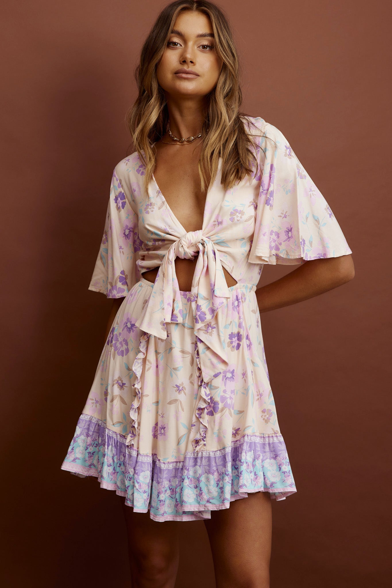 Suva Tie-Knot Bust A-Line Dress Floral Yellow-Maymioy