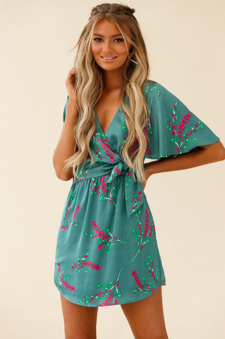 Stealing Hearts Flutter Sleeve Wrap Front Dress Floral Print Olive-Maymioy