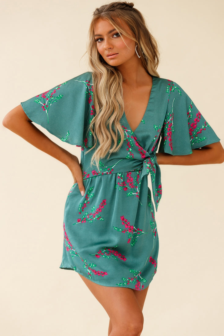 Stealing Hearts Flutter Sleeve Wrap Front Dress Floral Print Olive-Maymioy