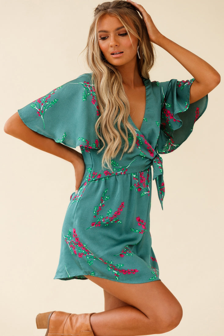 Stealing Hearts Flutter Sleeve Wrap Front Dress Floral Print Olive-Maymioy