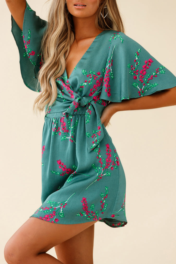 Stealing Hearts Flutter Sleeve Wrap Front Dress Floral Print Olive-Maymioy