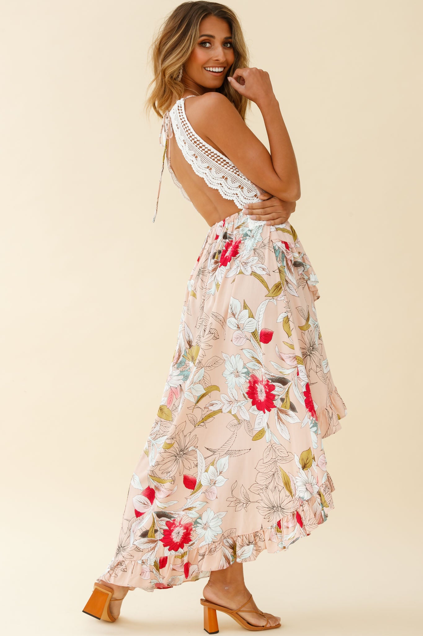 Over The Moon High-Low Hem Crochet Lace Dress Floral Print Mocha-Maymioy