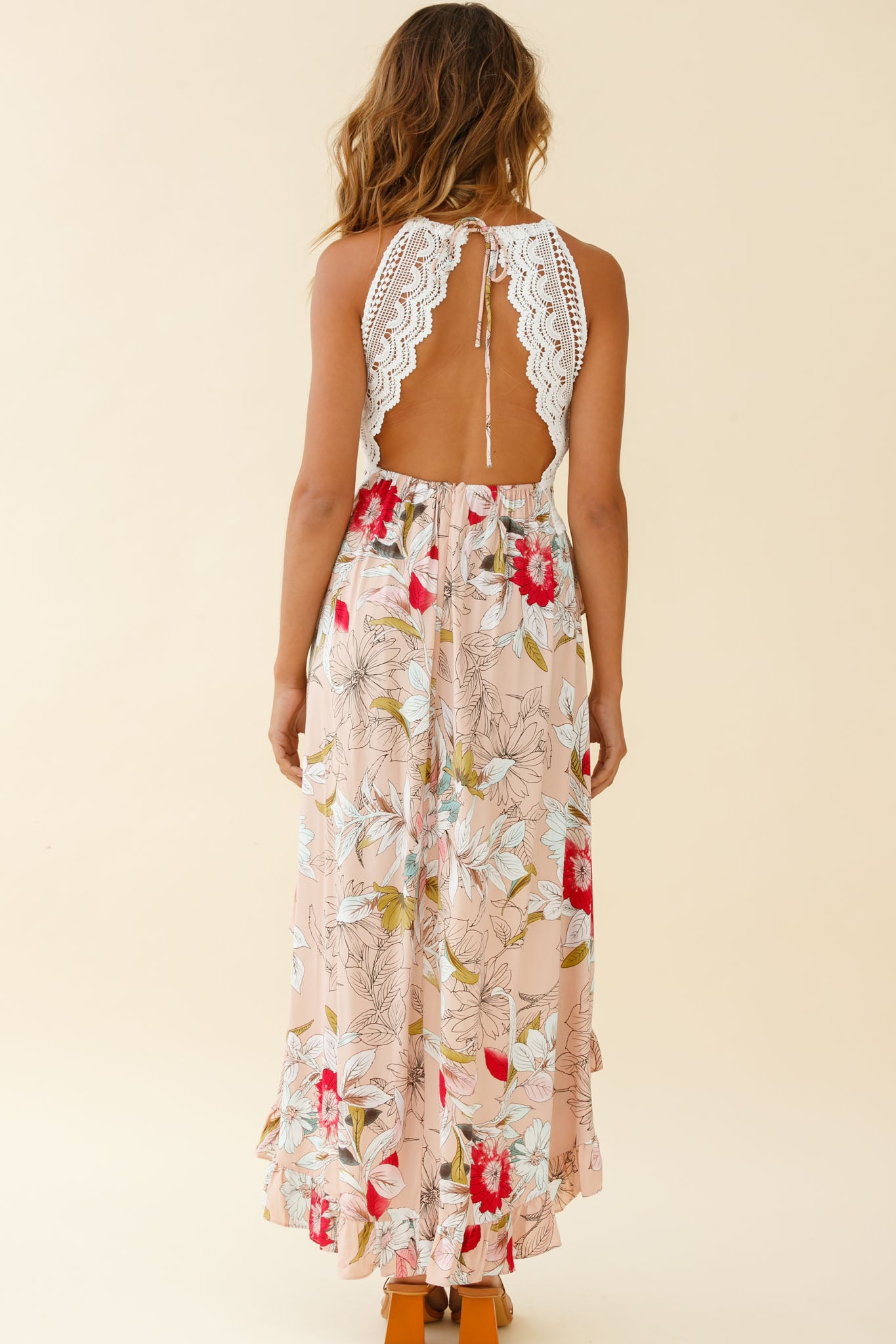 Over The Moon High-Low Hem Crochet Lace Dress Floral Print Mocha-Maymioy