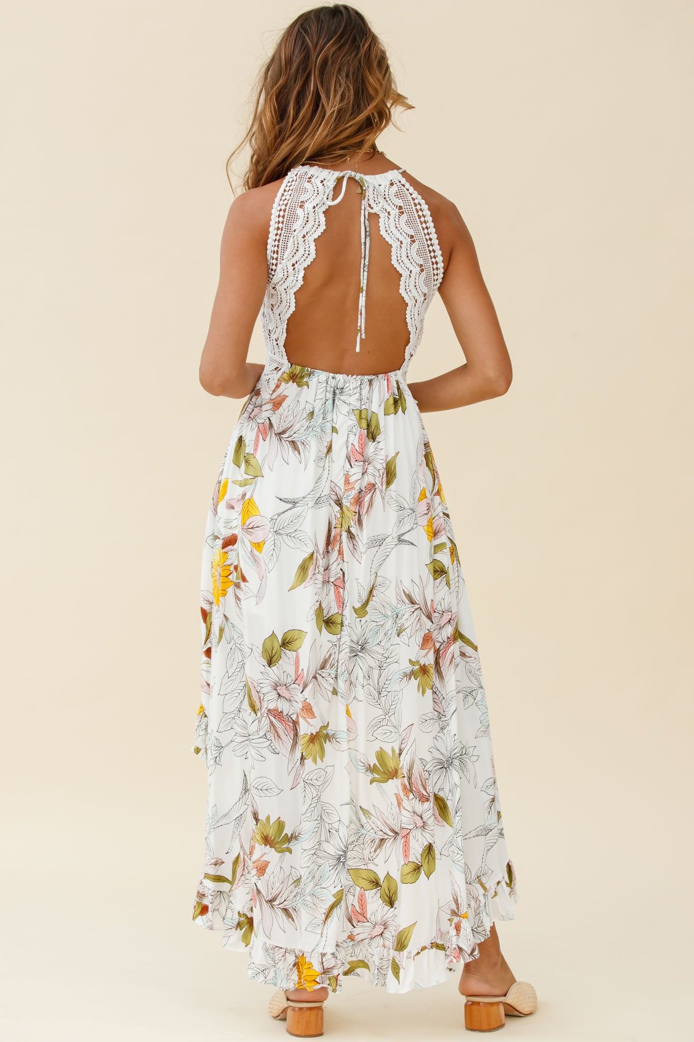 Over The Moon High-Low Hem Crochet Lace Dress Floral Print White-Maymioy
