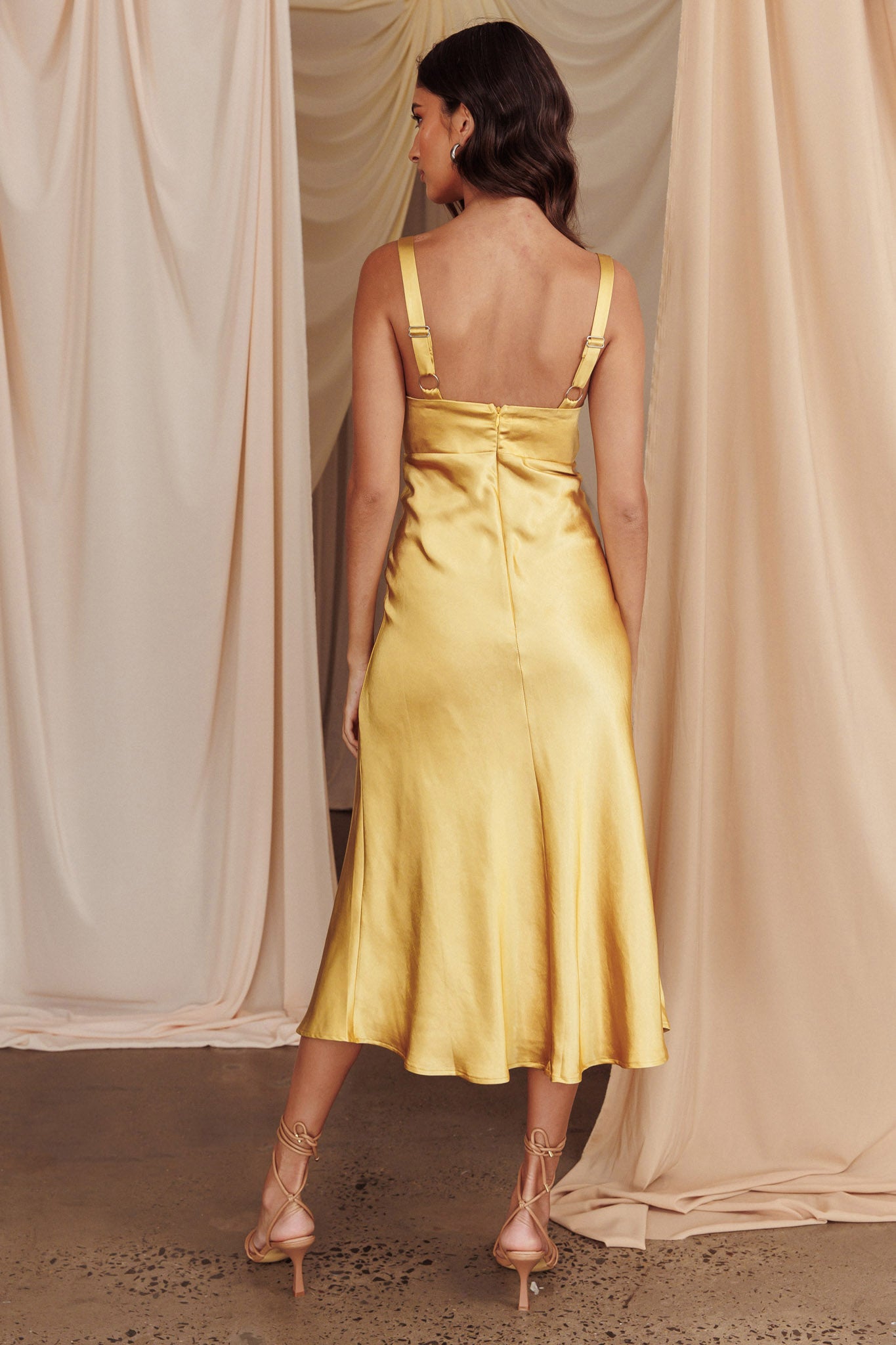 Perfect Day Satin Midi Dress Mustard-Maymioy