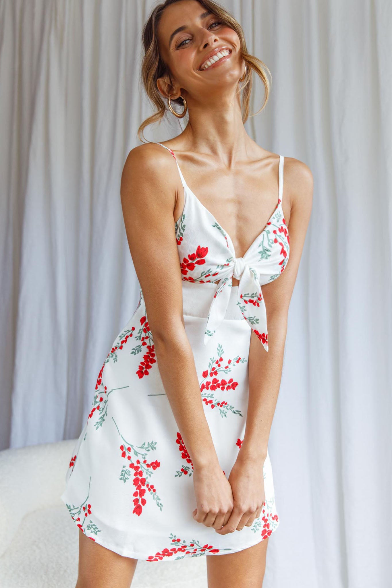 Starry Night Satin Bust-Tie Mini Dress Floral Print White-Maymioy