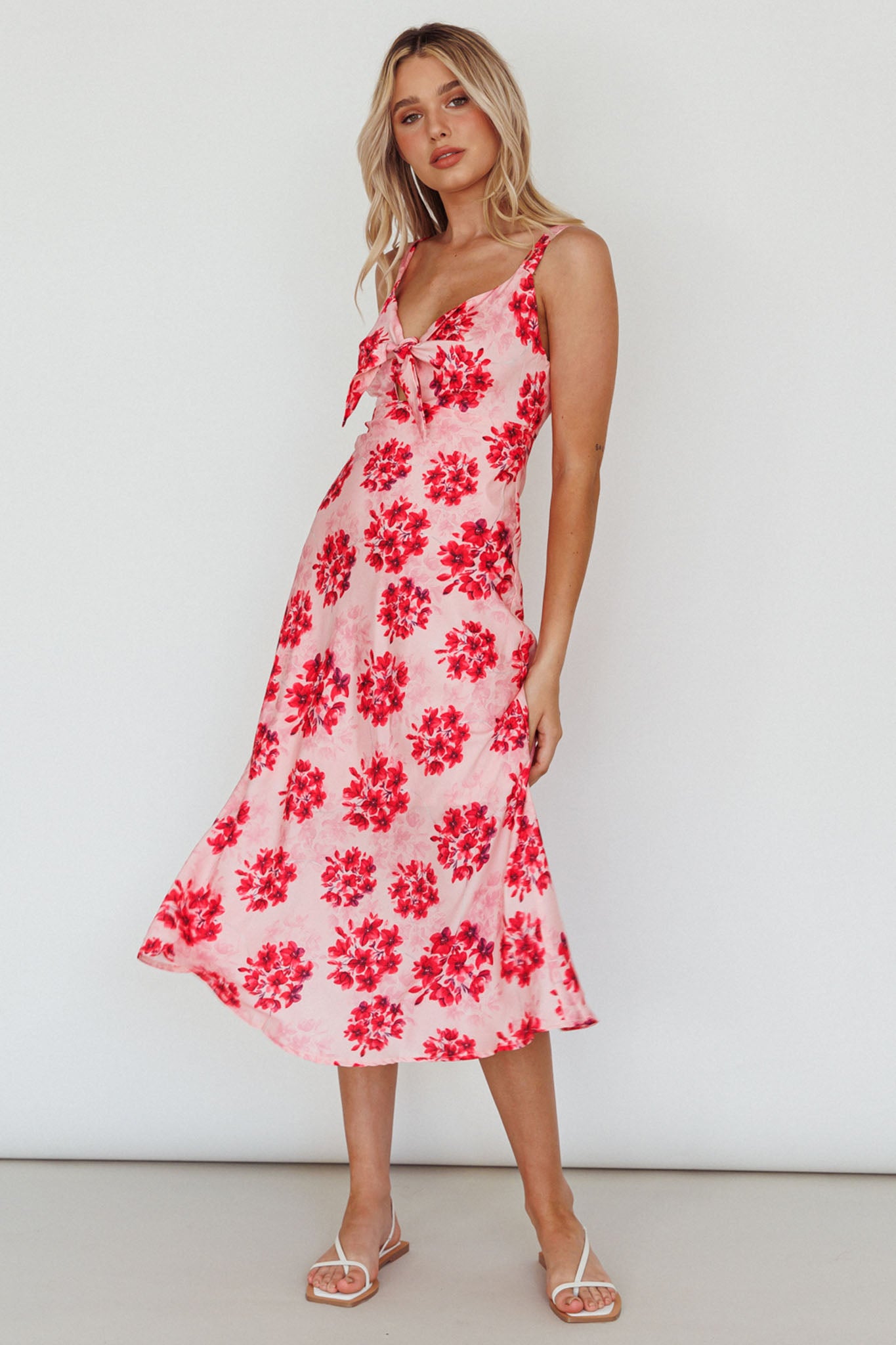 Starry Night Bust-Tie Midi Dress Floral Pink-Maymioy