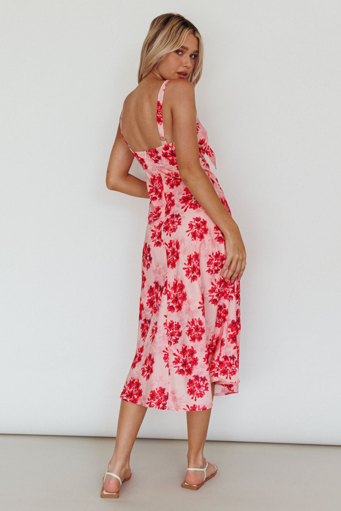 Starry Night Bust-Tie Midi Dress Floral Pink-Maymioy