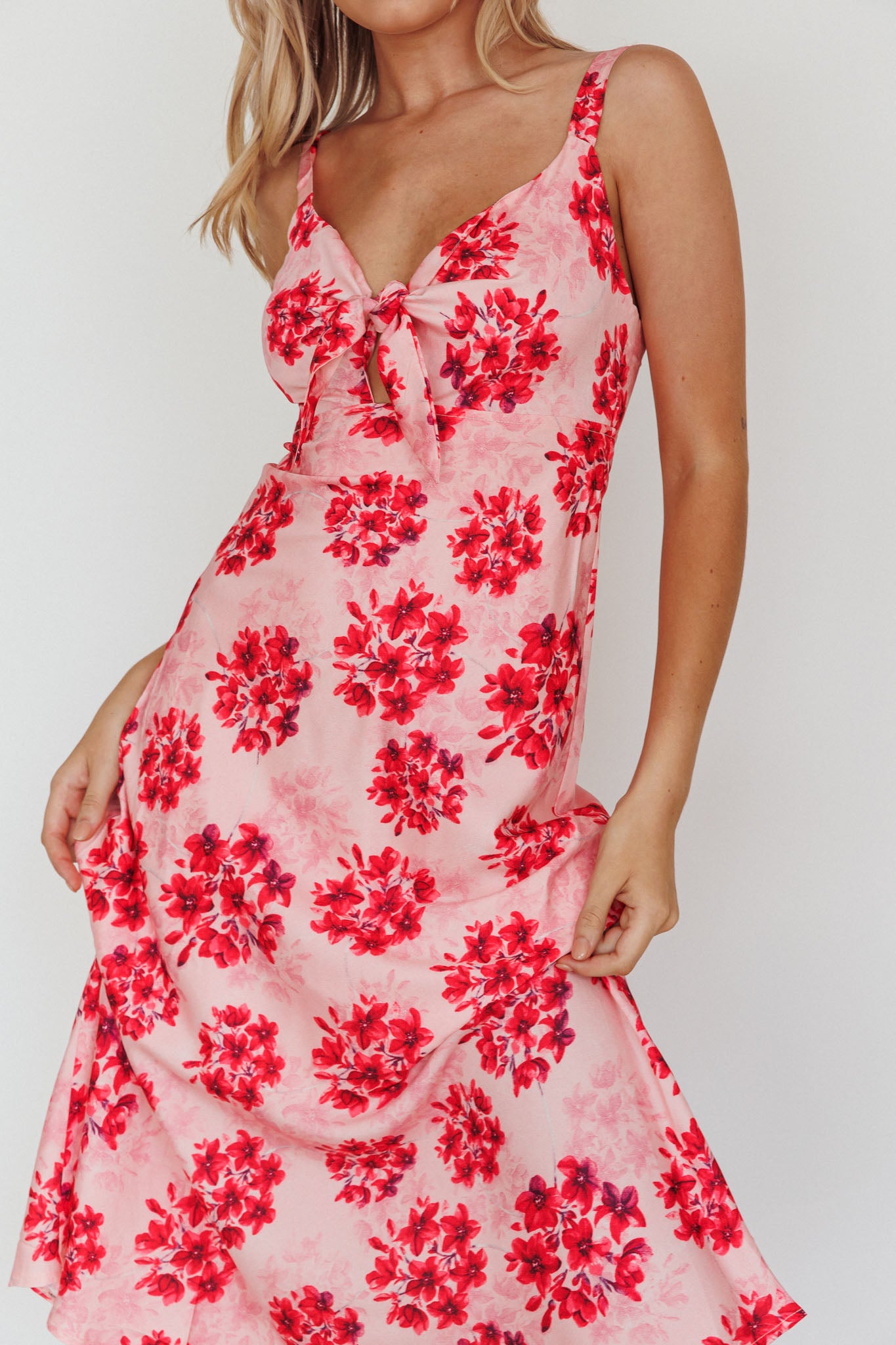 Starry Night Bust-Tie Midi Dress Floral Pink-Maymioy