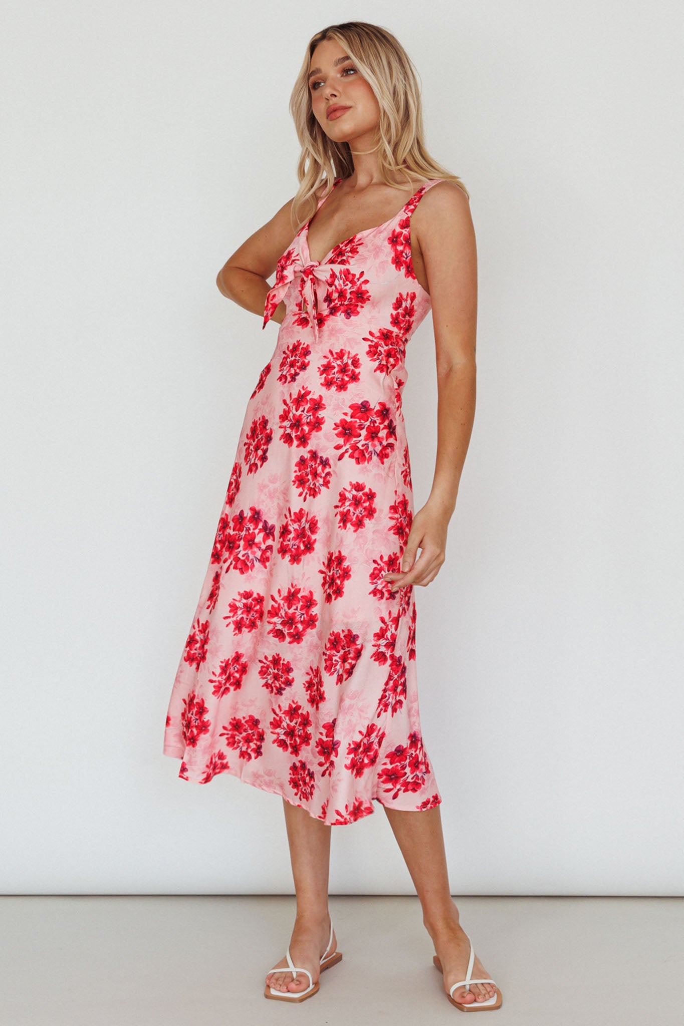 Starry Night Bust-Tie Midi Dress Floral Pink-Maymioy
