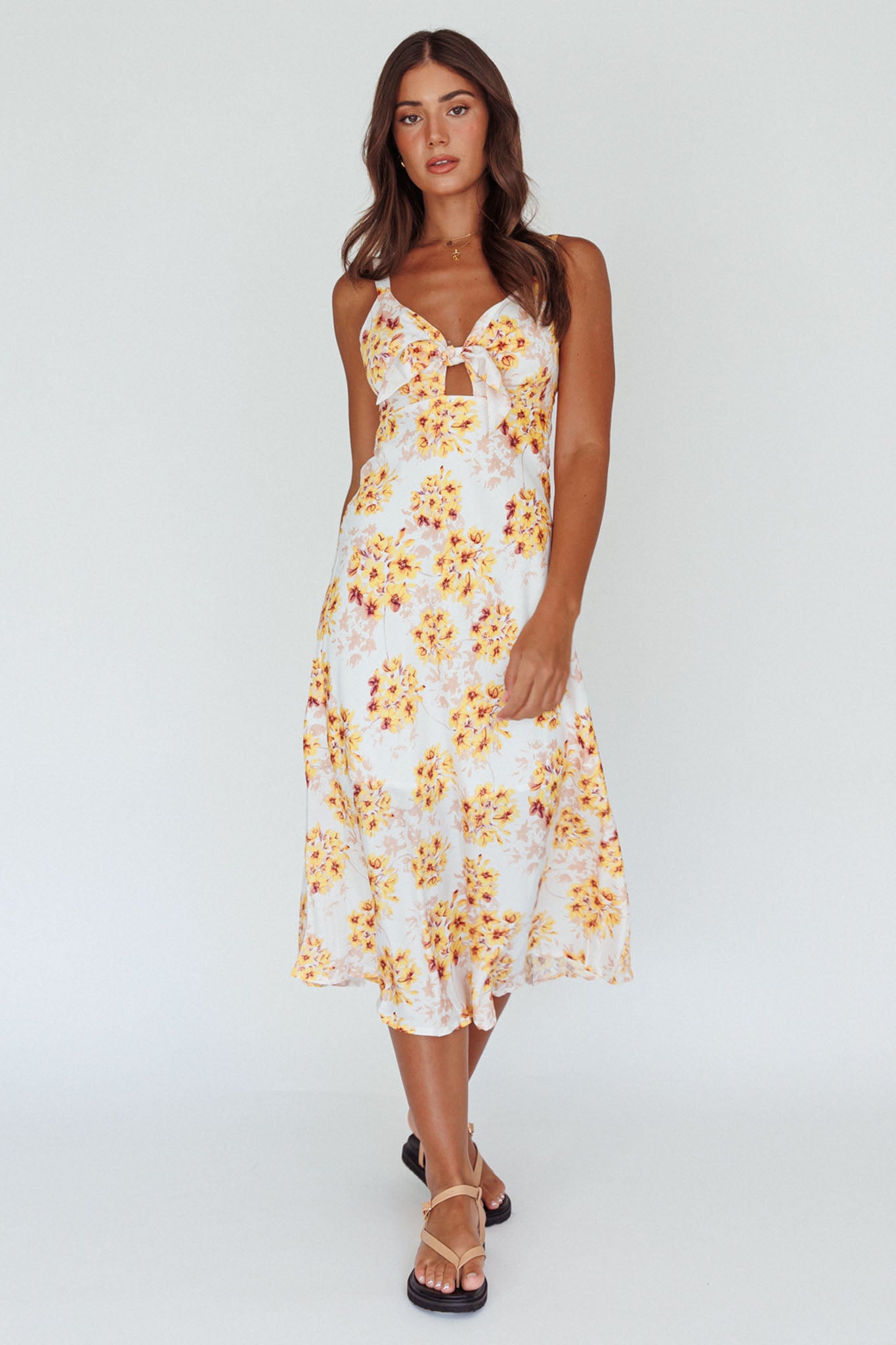 Starry Night Bust-Tie Midi Dress Floral Yellow-Maymioy
