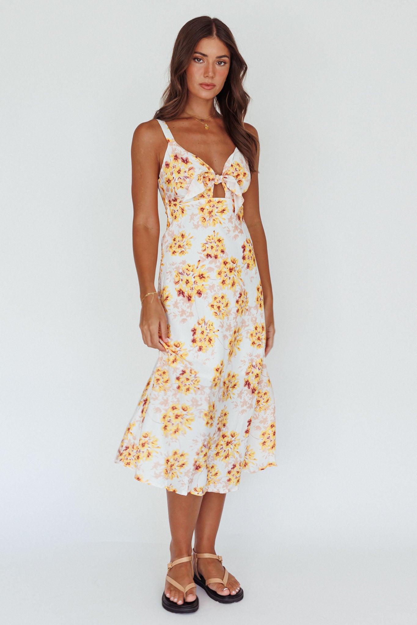 Starry Night Bust-Tie Midi Dress Floral Yellow-Maymioy