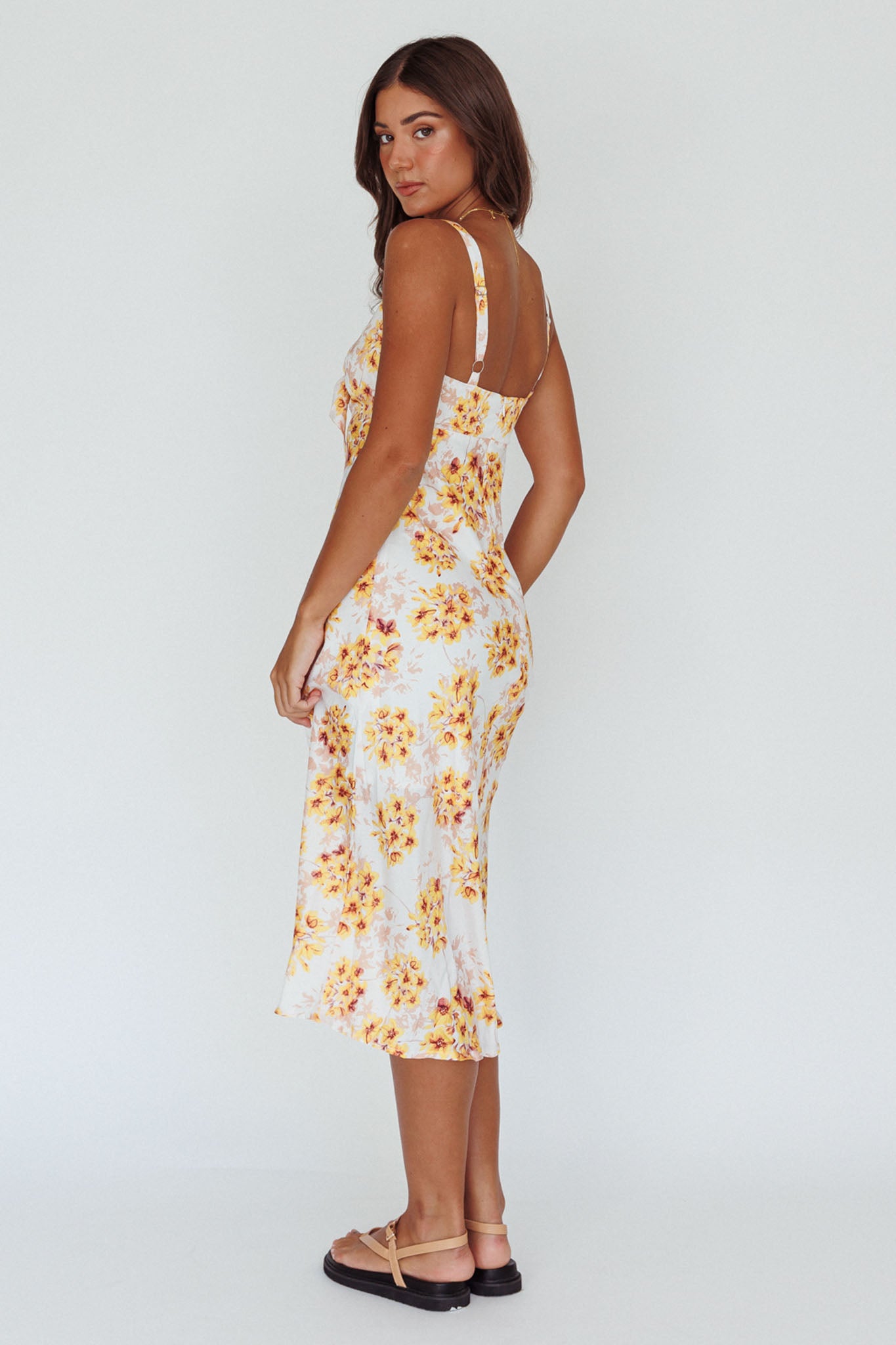 Starry Night Bust-Tie Midi Dress Floral Yellow-Maymioy
