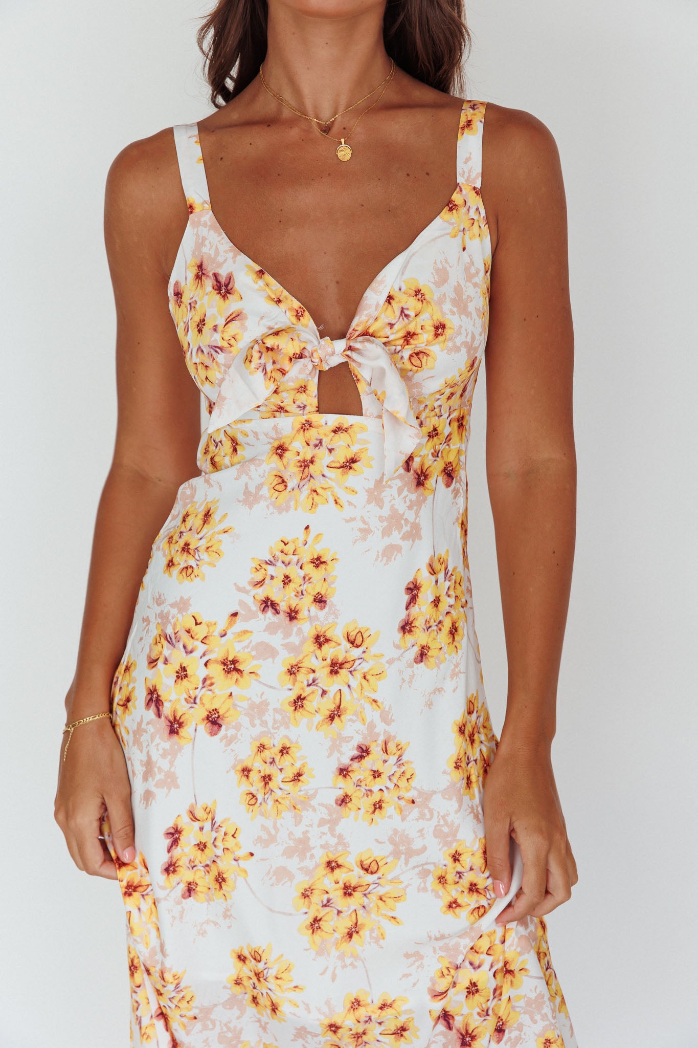 Starry Night Bust-Tie Midi Dress Floral Yellow-Maymioy