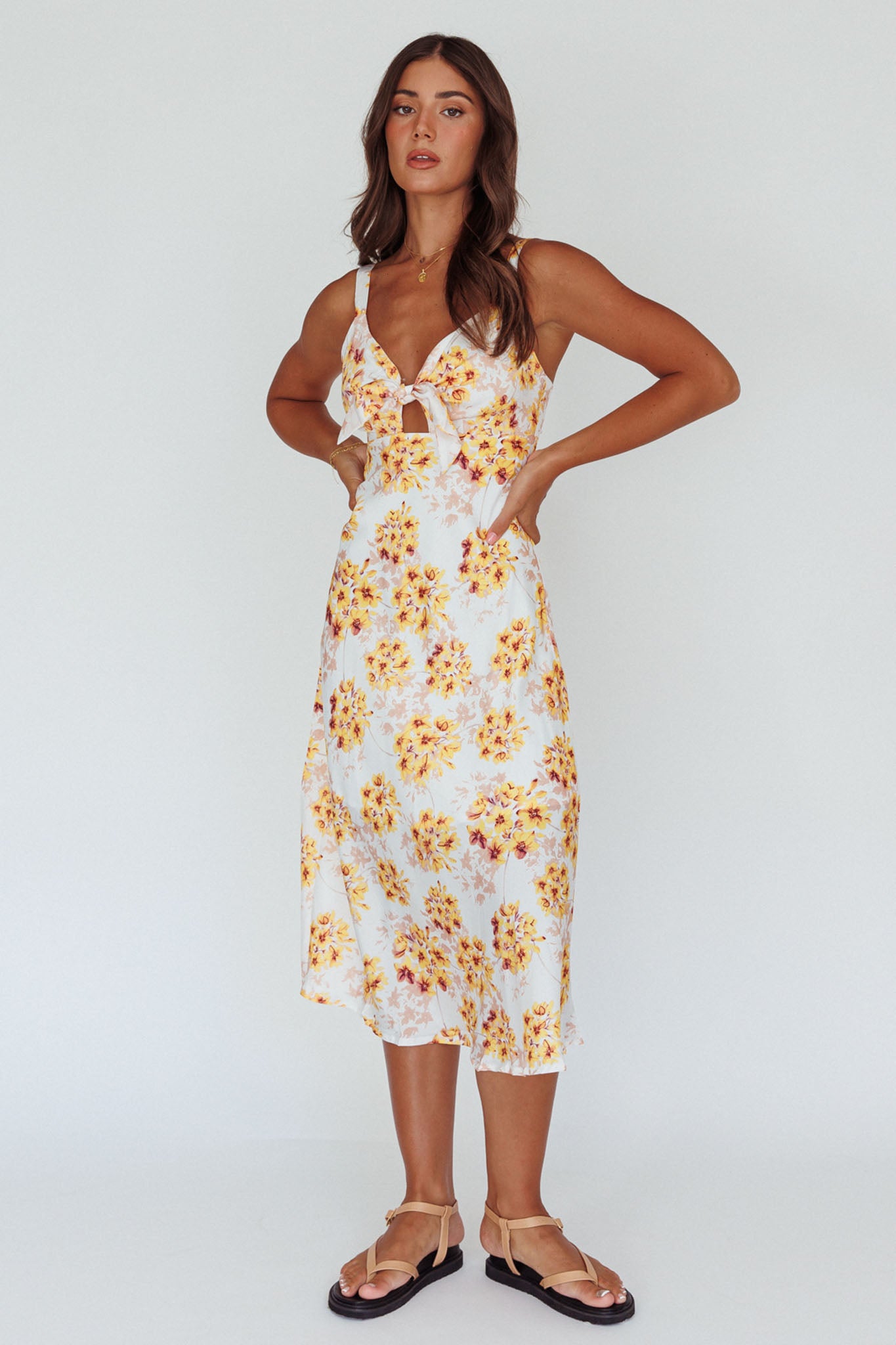 Starry Night Bust-Tie Midi Dress Floral Yellow-Maymioy