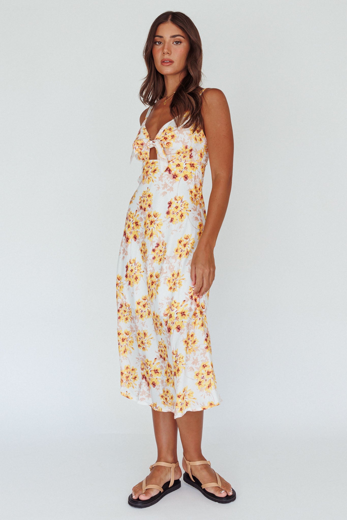 Starry Night Bust-Tie Midi Dress Floral Yellow-Maymioy