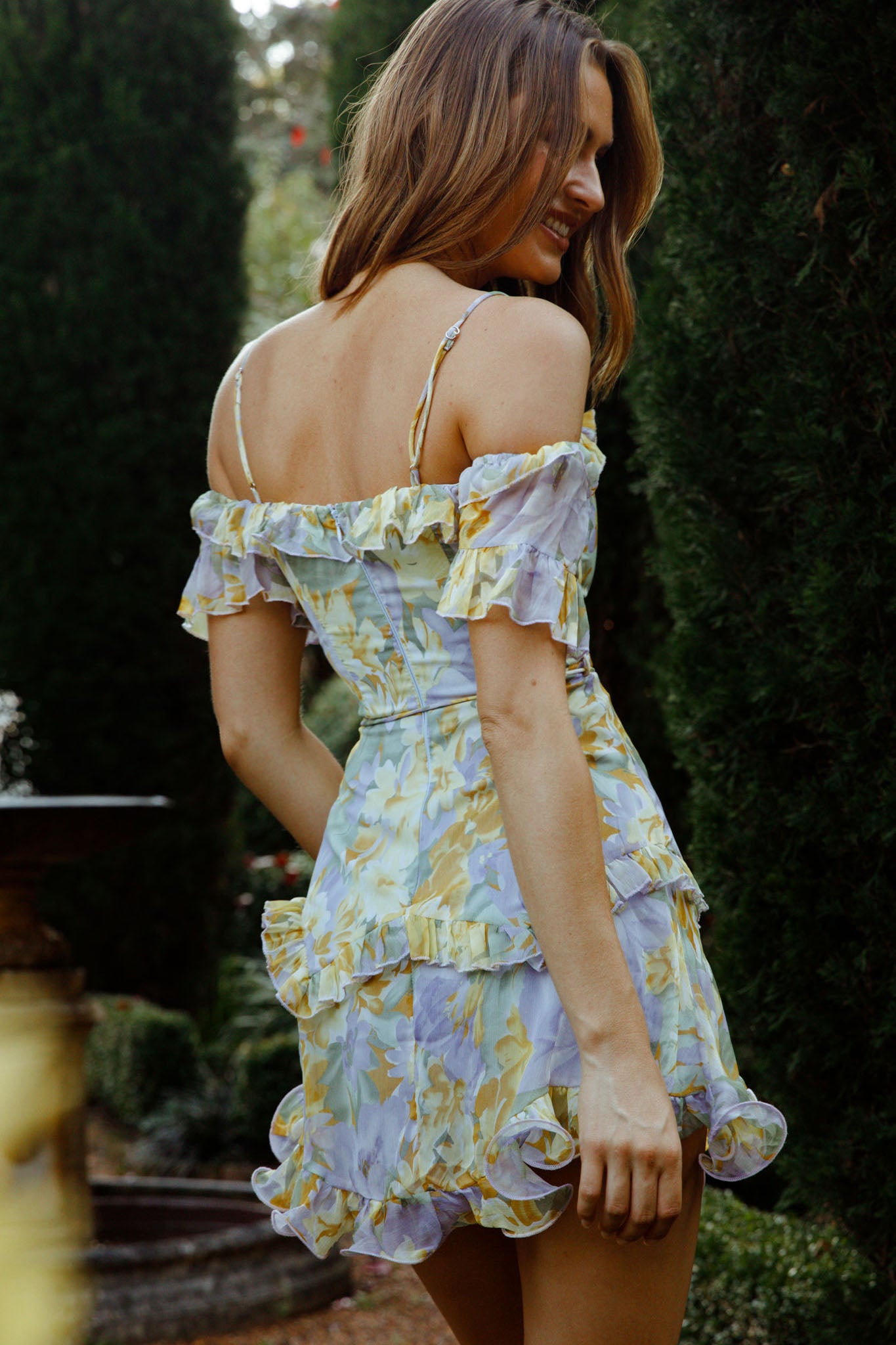 Maranda Bardot Lace-Up Bust Dress Floral Print Yellow-Maymioy
