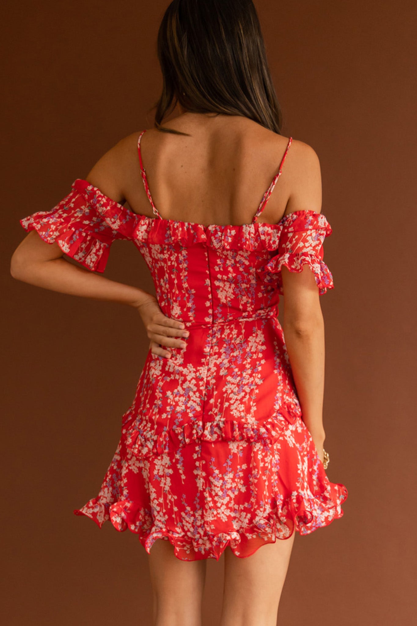 Maranda Bardot Lace-Up Bust Dress Dainty Floral Red-Maymioy