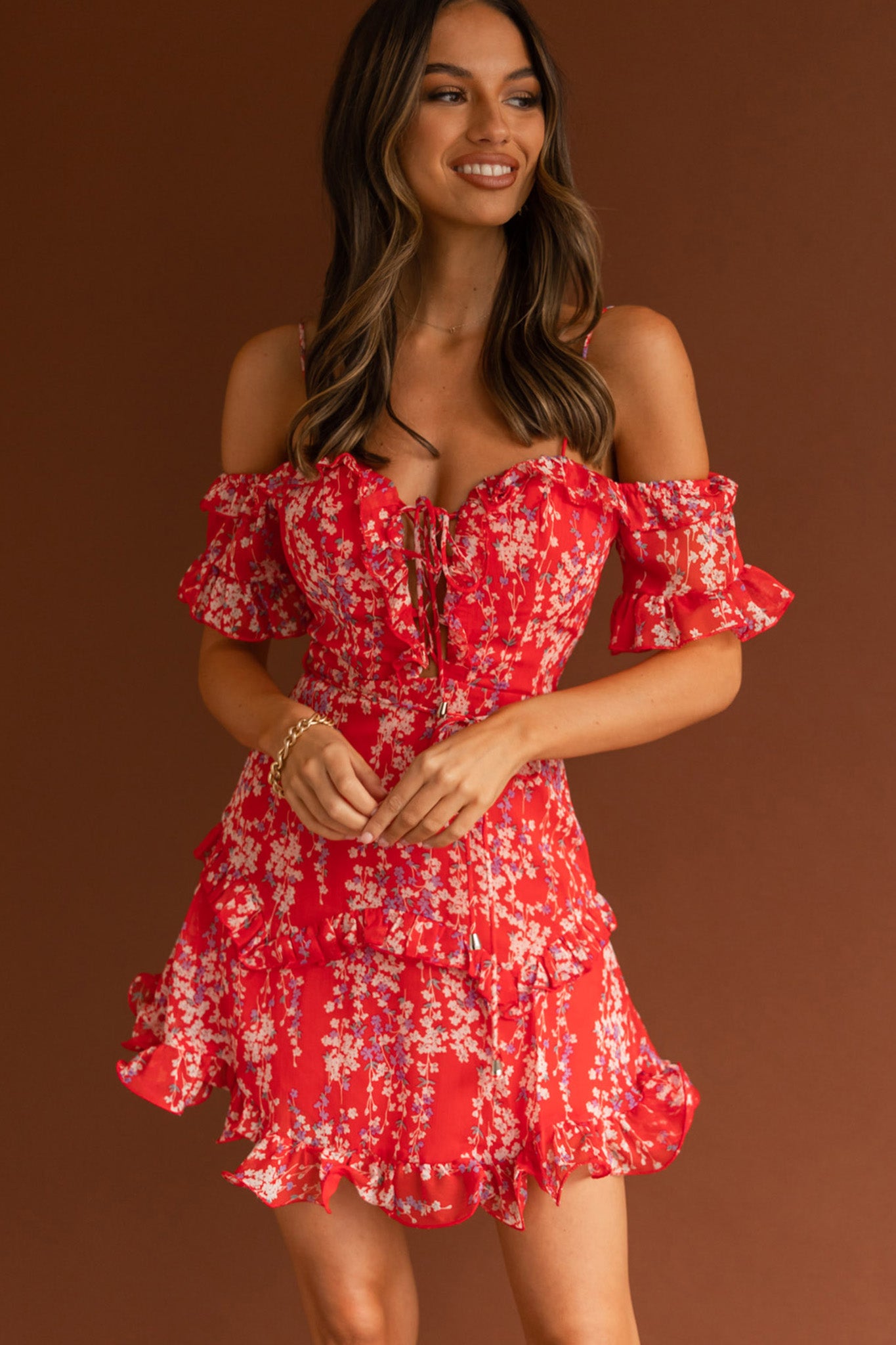 Maranda Bardot Lace-Up Bust Dress Dainty Floral Red-Maymioy