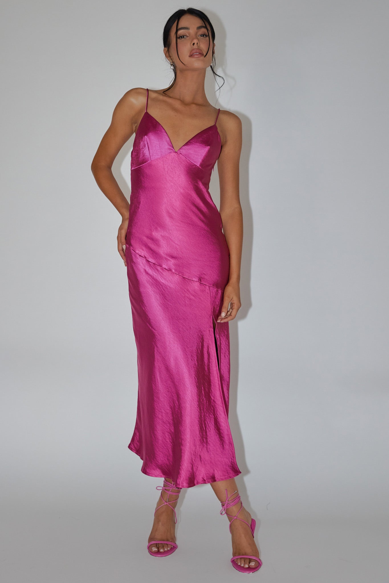 Downtown Cami Strap Front Split Midi Dress Fuchsia-Maymioy