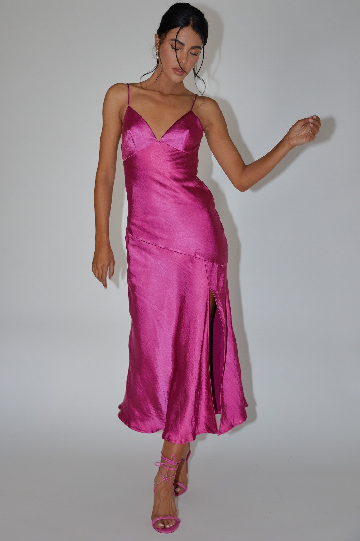 Downtown Cami Strap Front Split Midi Dress Fuchsia-Maymioy
