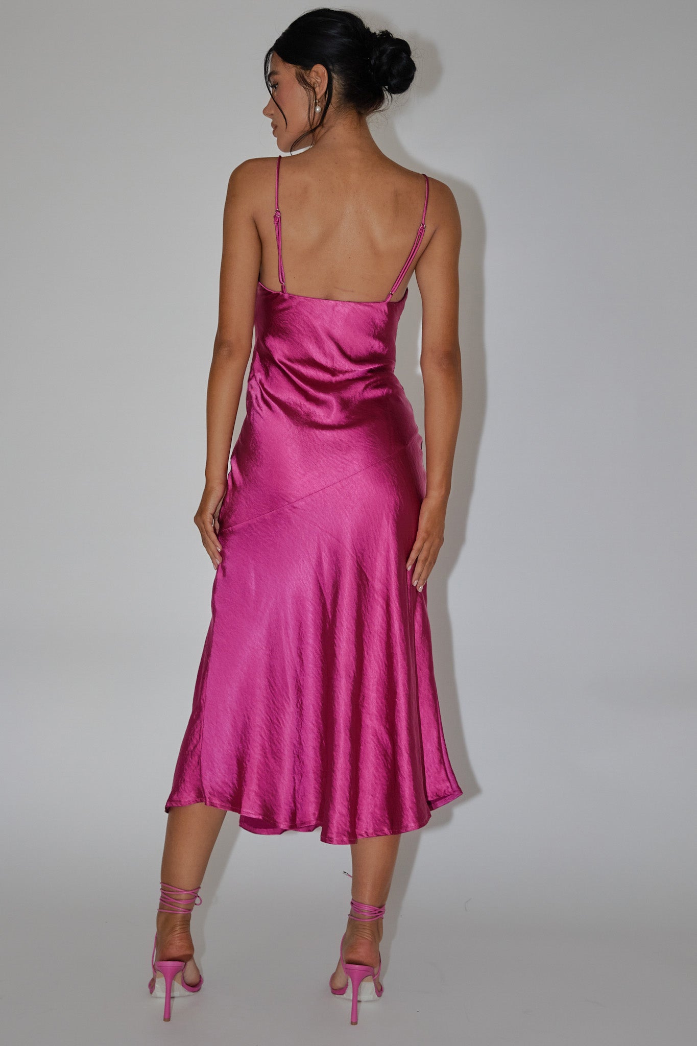Downtown Cami Strap Front Split Midi Dress Fuchsia-Maymioy