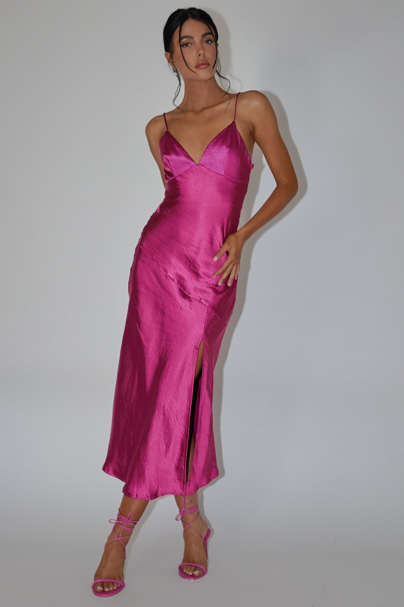 Downtown Cami Strap Front Split Midi Dress Fuchsia-Maymioy