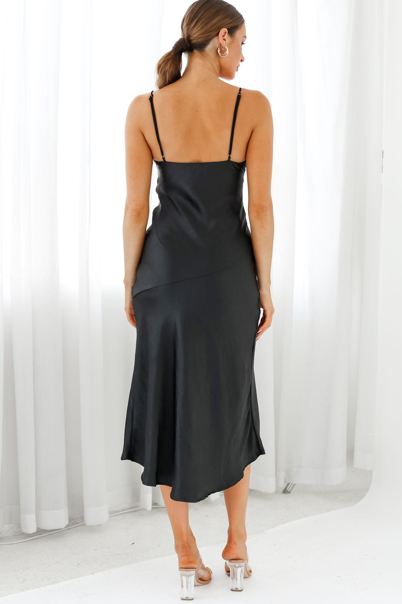 Downtown Cami Strap Front Split Midi Dress Black-Maymioy