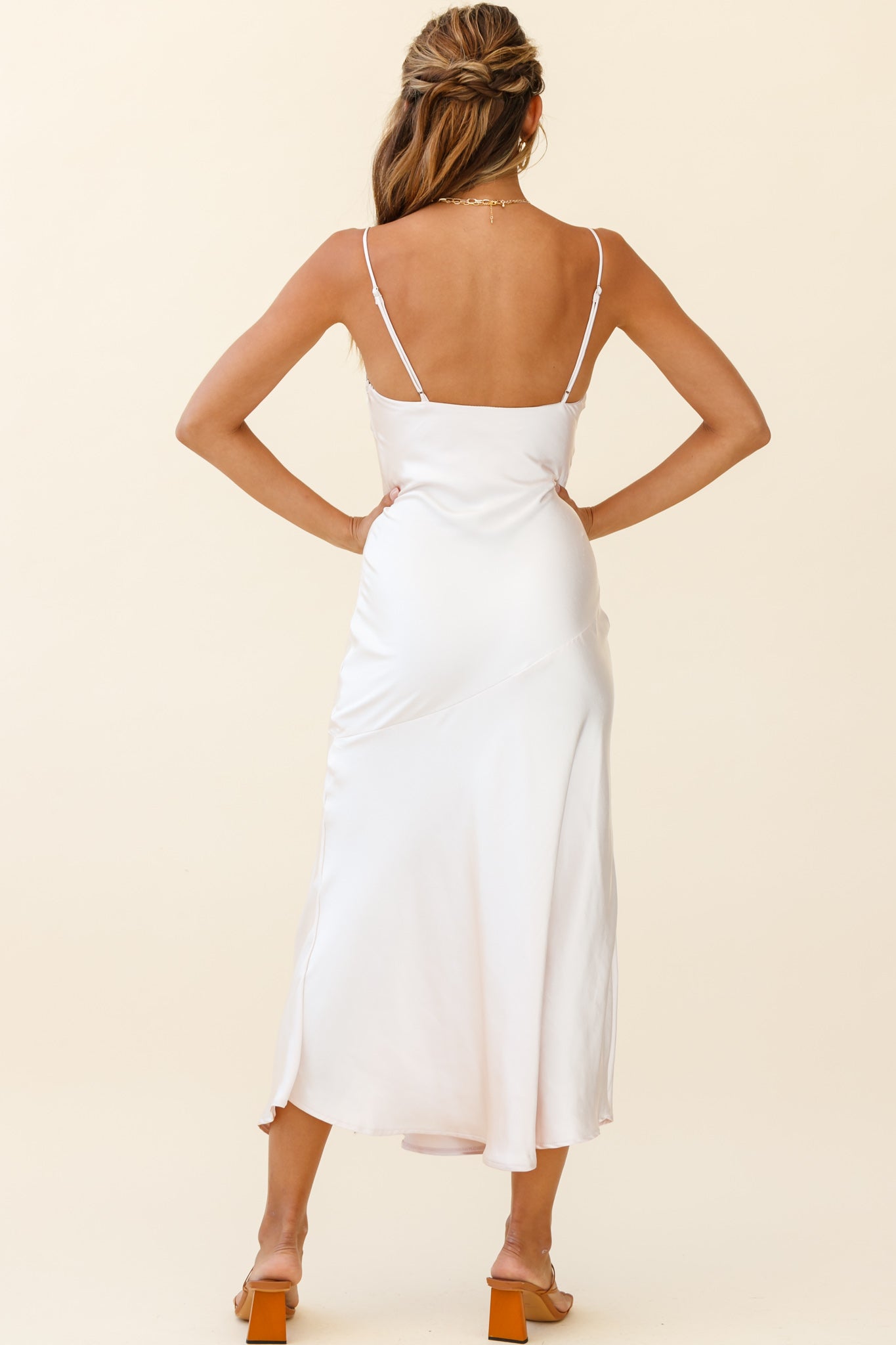 Downtown Cami Strap Front Split Midi Dress Champagne-Maymioy
