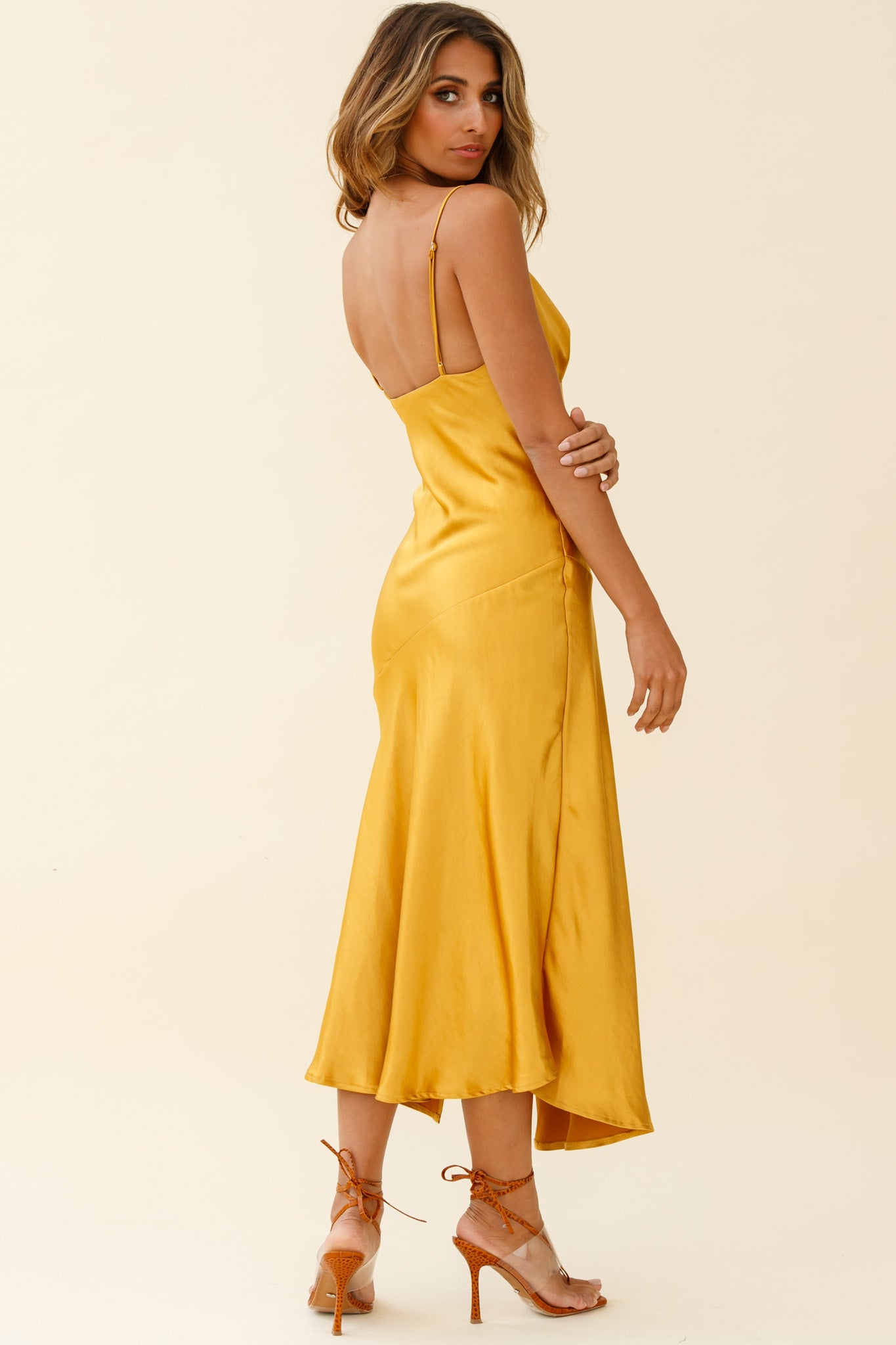 Downtown Cami Strap Front Split Midi Dress Mustard-Maymioy