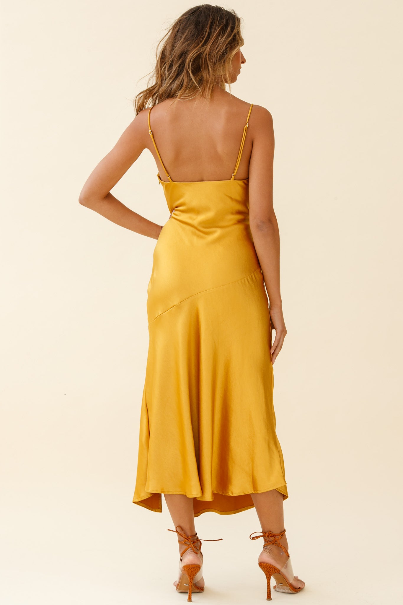 Downtown Cami Strap Front Split Midi Dress Mustard-Maymioy