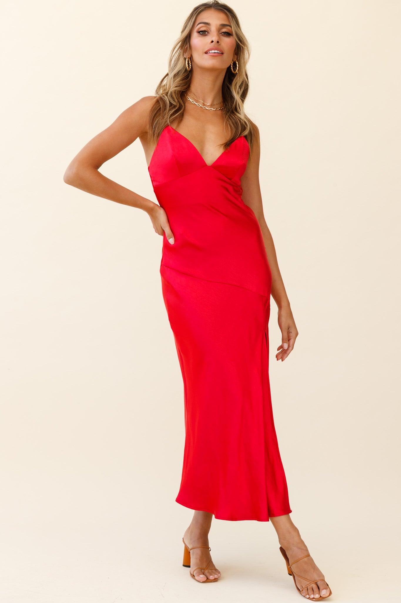 Downtown Cami Strap Front Split Midi Dress Wine-Maymioy