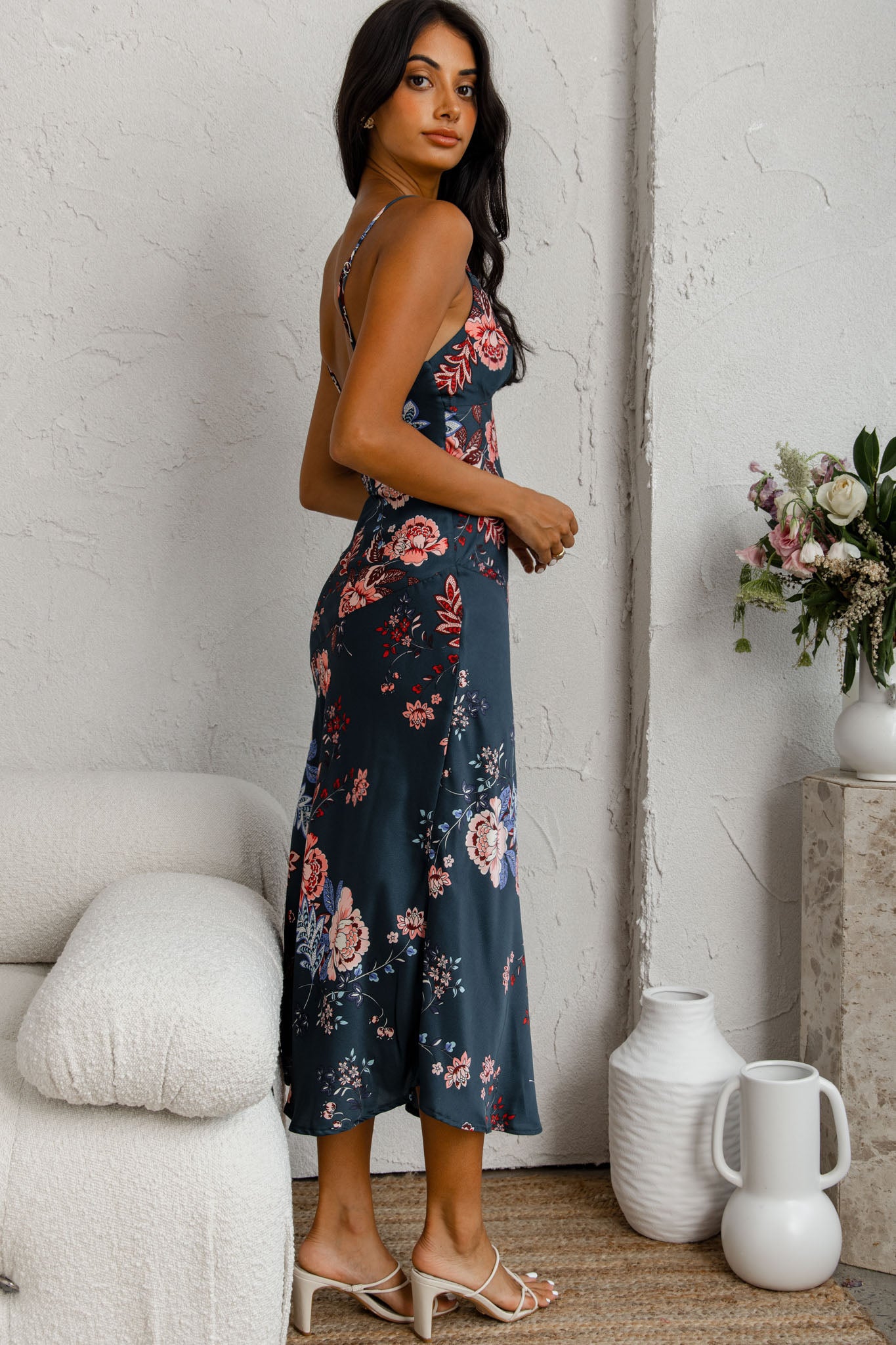 Downtown Cami Strap Front Split Midi Dress Oriental Flower Print Forest Green-Maymioy