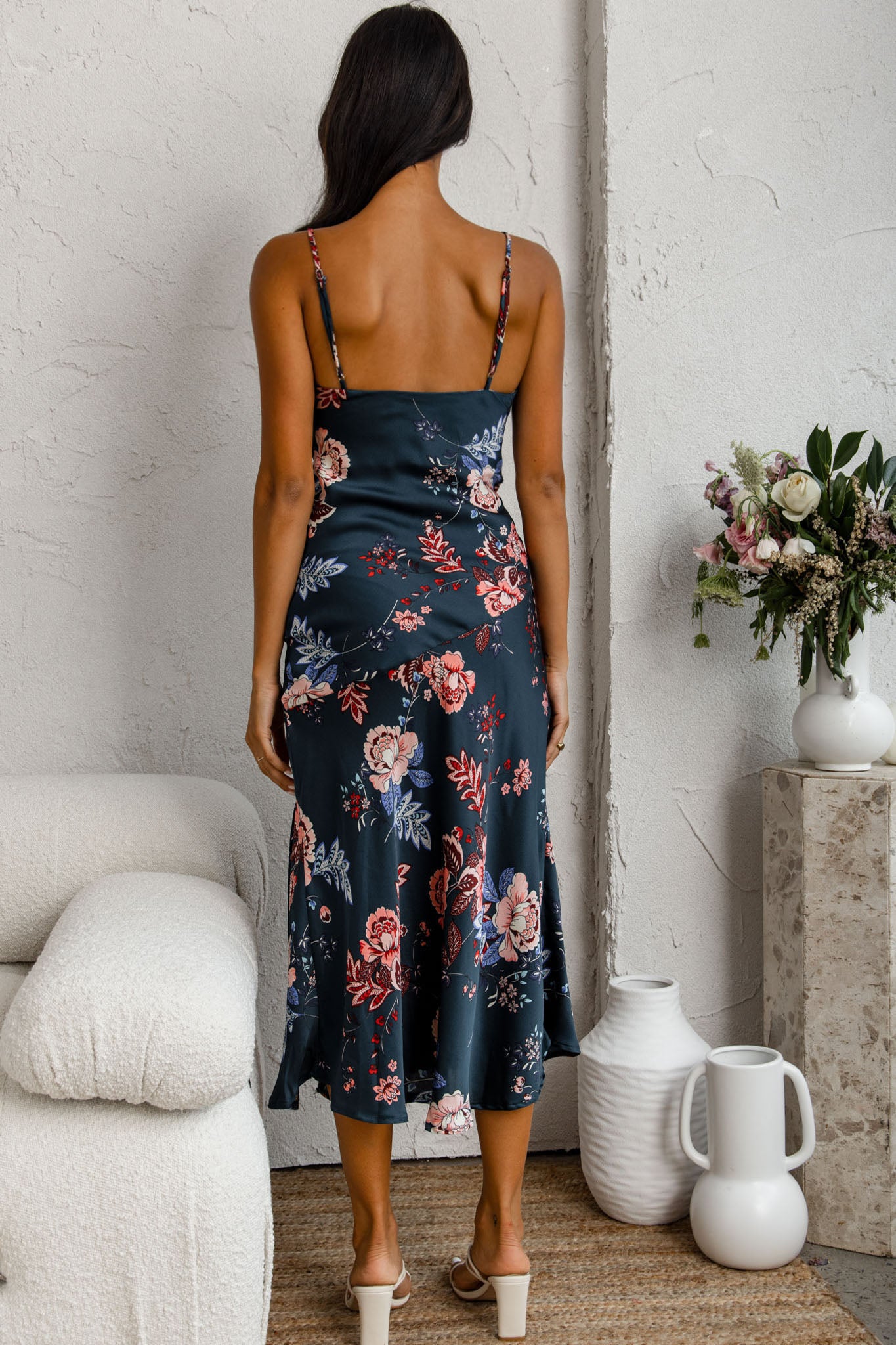 Downtown Cami Strap Front Split Midi Dress Oriental Flower Print Forest Green-Maymioy