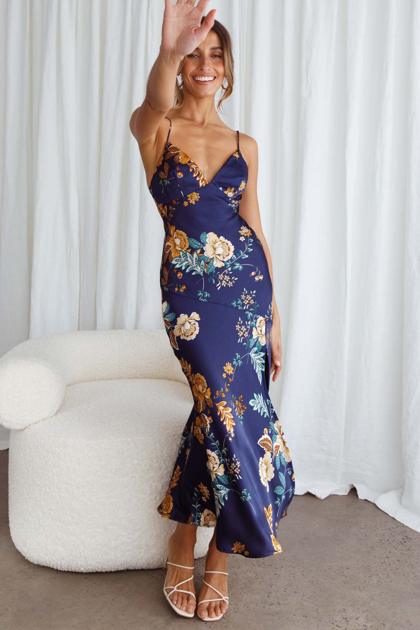 Downtown Cami Strap Front Split Midi Dress Oriental Flower Print Navy-Maymioy