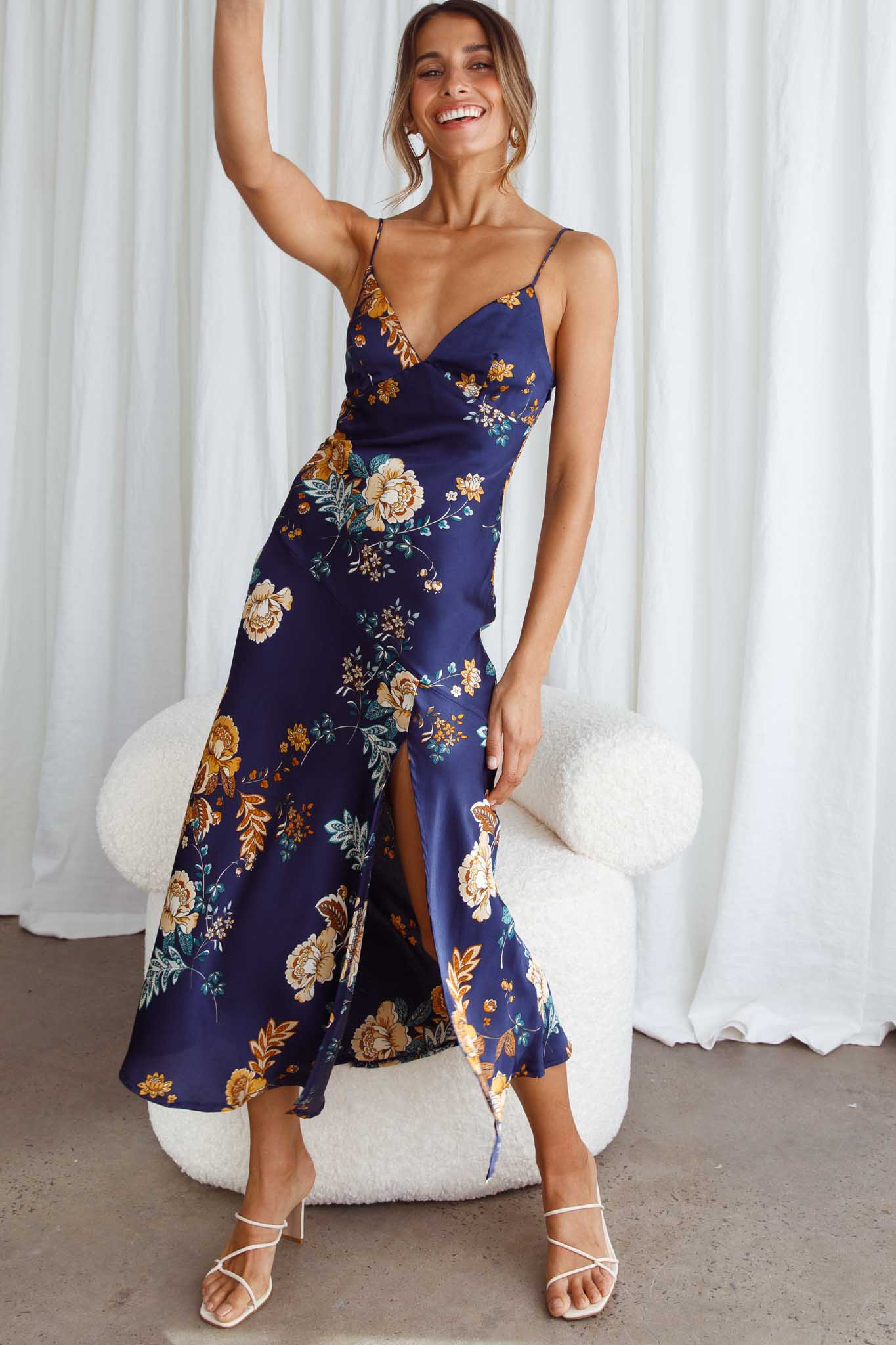 Downtown Cami Strap Front Split Midi Dress Oriental Flower Print Navy-Maymioy