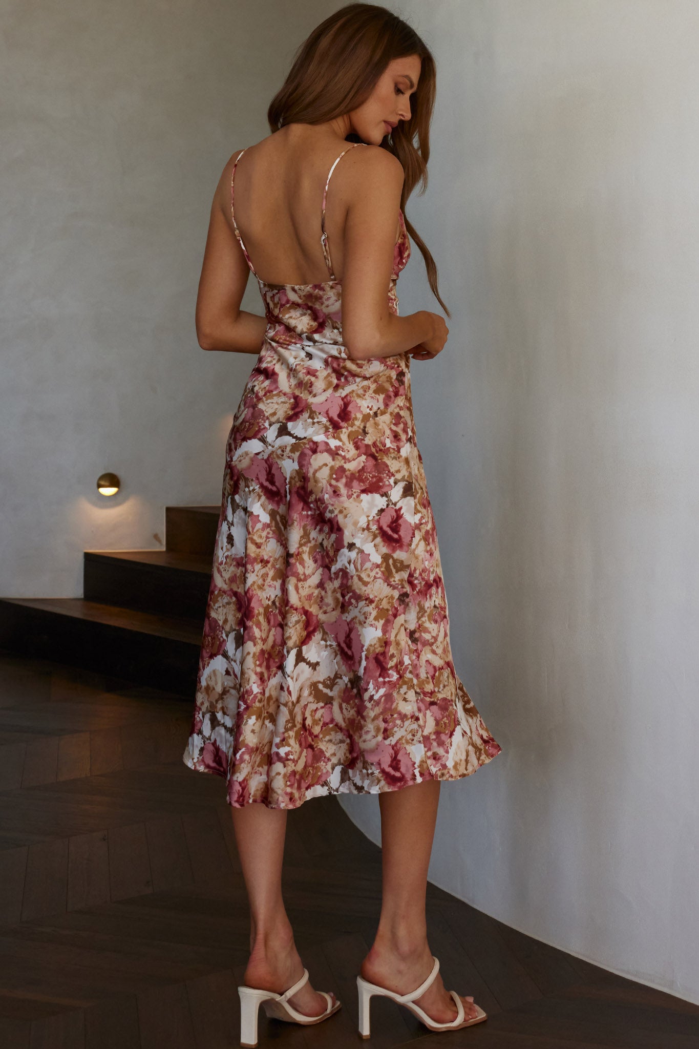 Downtown Cami Strap Front Split Midi Dress Abstract Rose-Maymioy