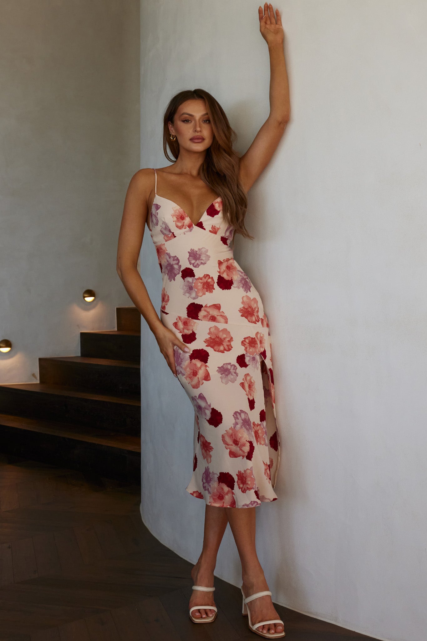 Downtown Cami Strap Front Split Midi Dress Flower Rose-Maymioy