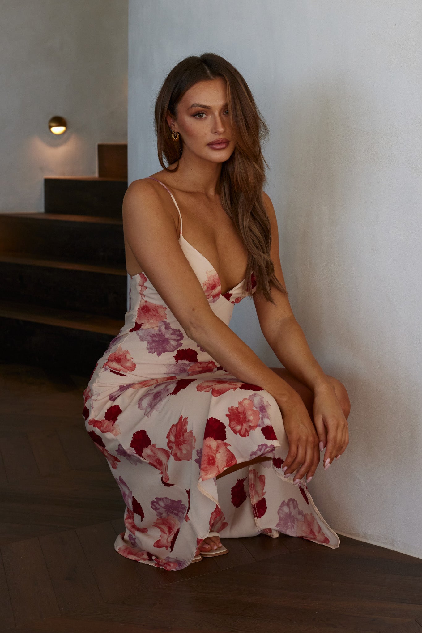 Downtown Cami Strap Front Split Midi Dress Flower Rose-Maymioy
