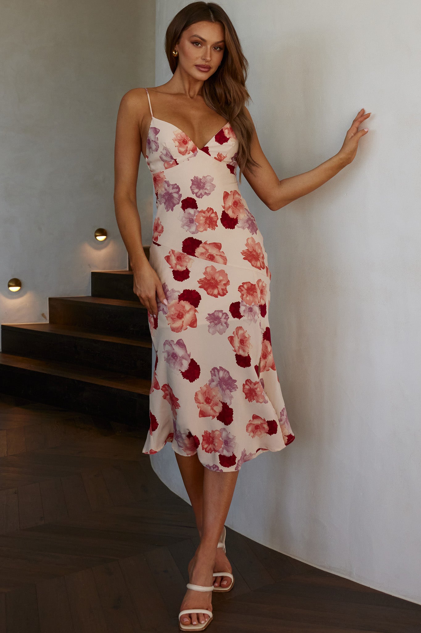 Downtown Cami Strap Front Split Midi Dress Flower Rose-Maymioy