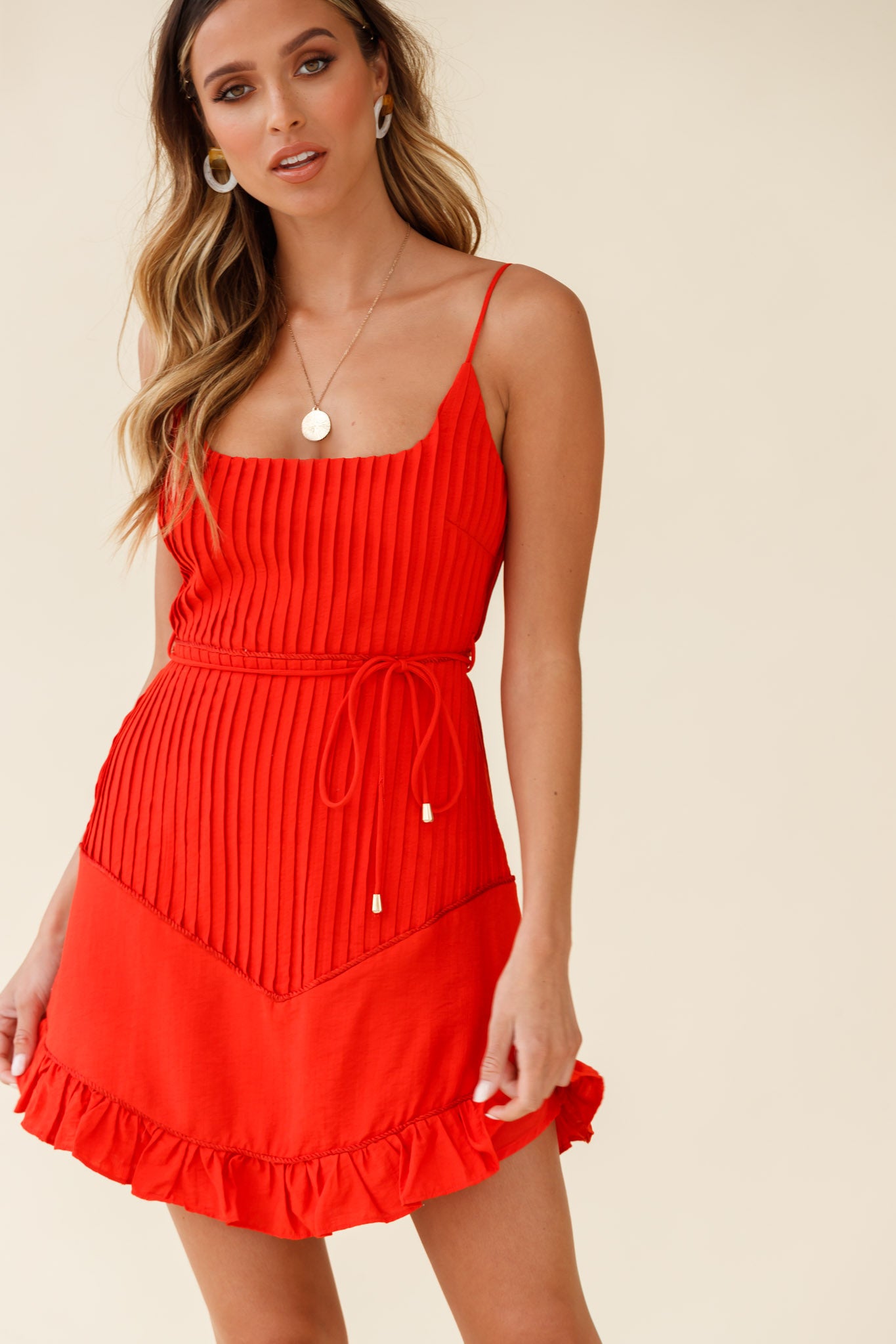 Charmed Pintuck Pleat Spaghetti Strap Dress Red-Maymioy
