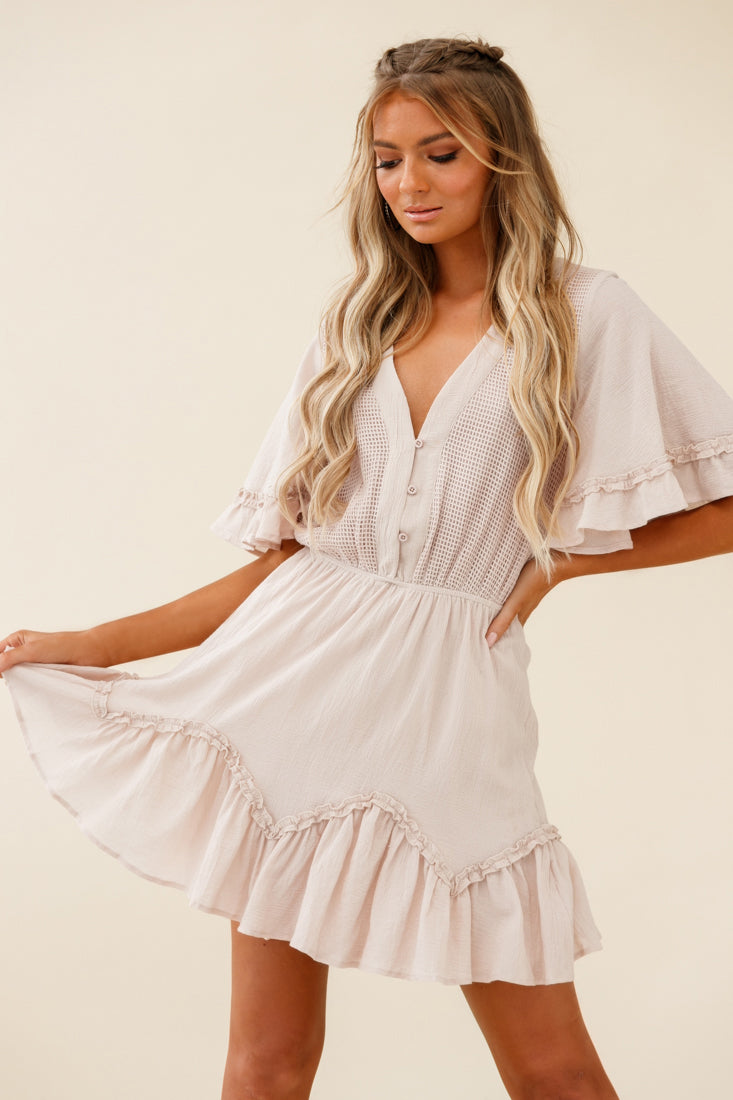 Play It Again Bust Placket Mesh Detail Dress Beige-Maymioy