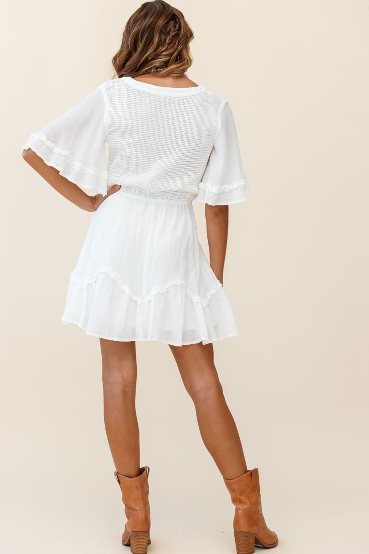 Play It Again Bust Placket Mesh Detail Dress White-Maymioy