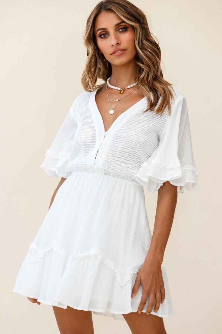 Play It Again Bust Placket Mesh Detail Dress White-Maymioy