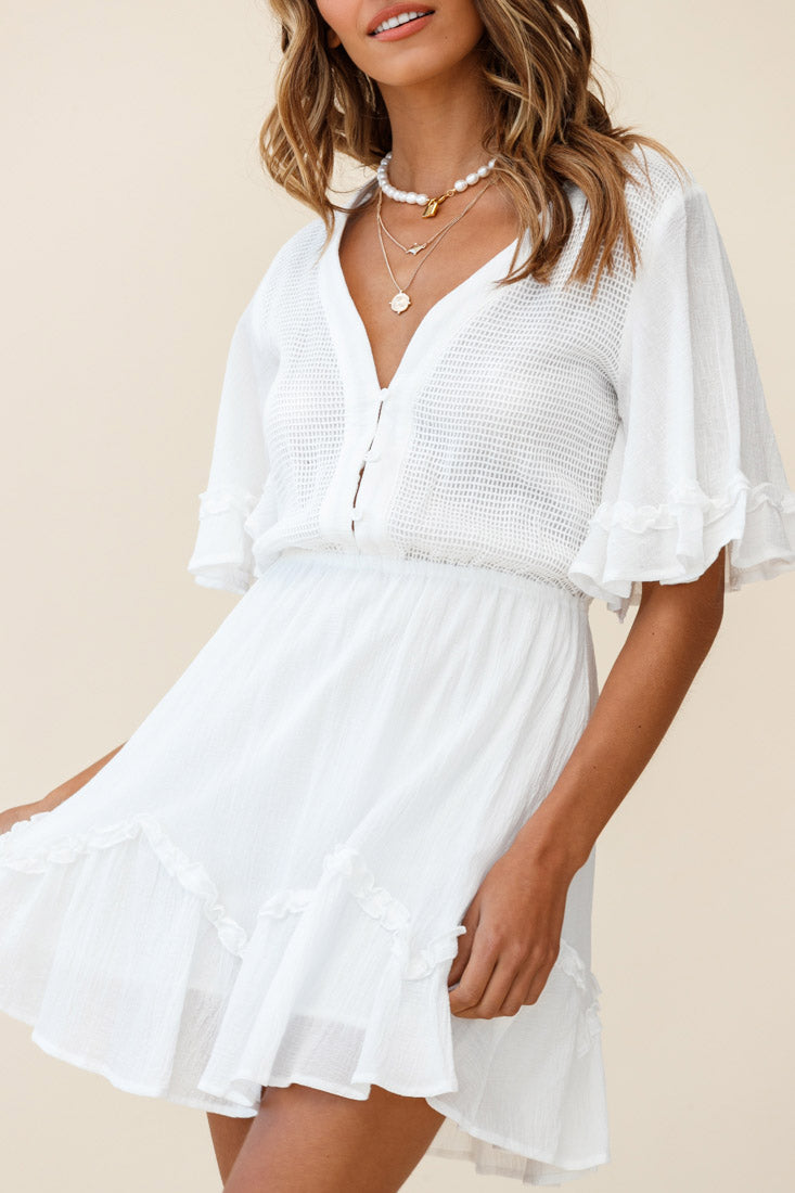 Play It Again Bust Placket Mesh Detail Dress White-Maymioy