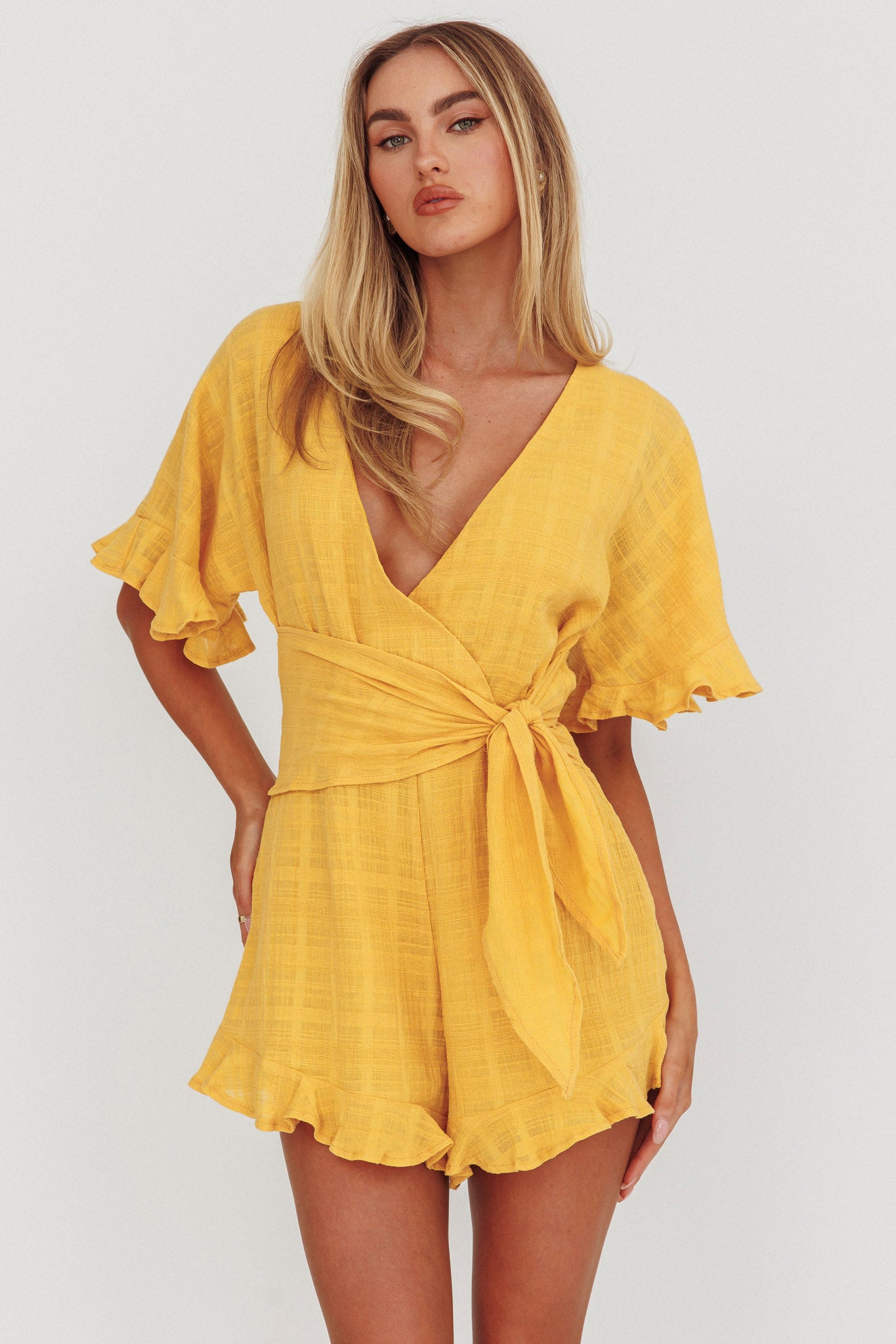 Karin Frill Trim Waist Tie Romper Mustard-Maymioy
