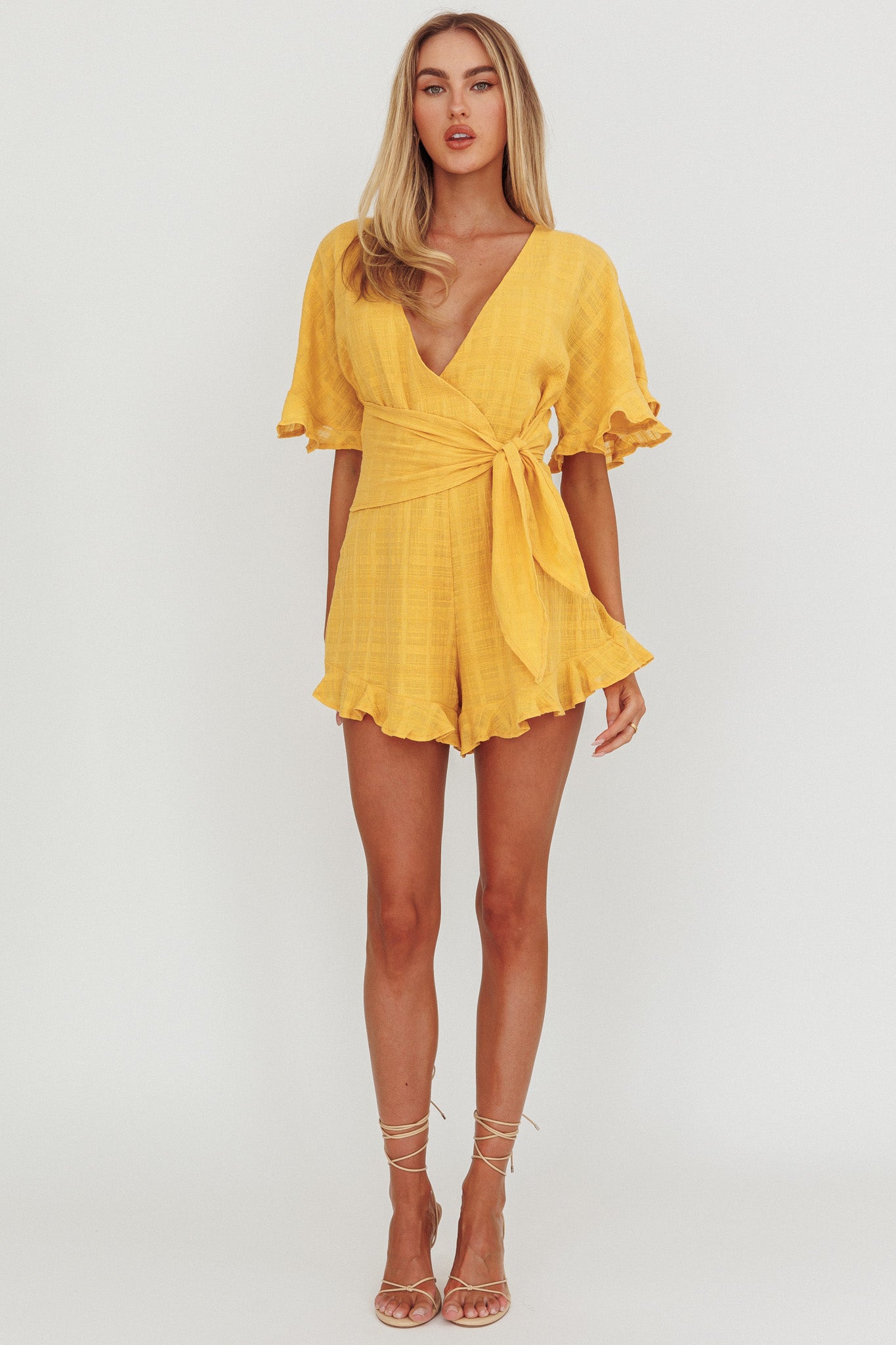 Karin Frill Trim Waist Tie Romper Mustard-Maymioy