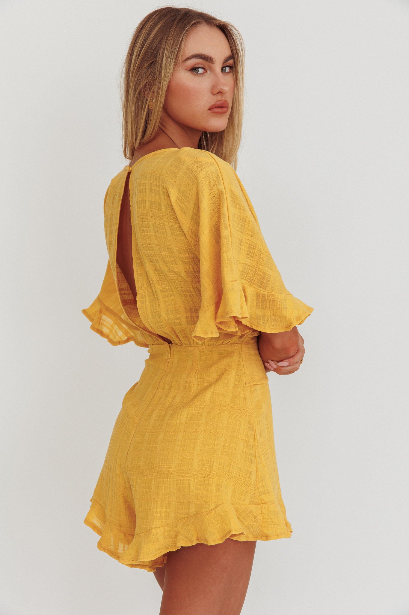 Karin Frill Trim Waist Tie Romper Mustard-Maymioy